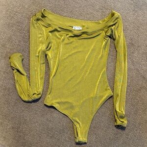 Free People Gold Off-Shoulder Long Sleeve Bodysuit, XS